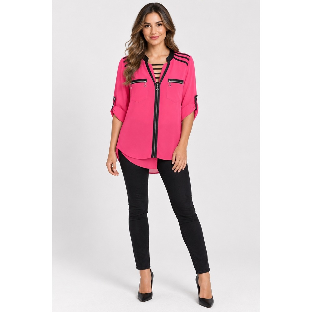 2B Bebe Hot Pink Zip Front Cage Neck Roll Tab Sleeve Blouse XS